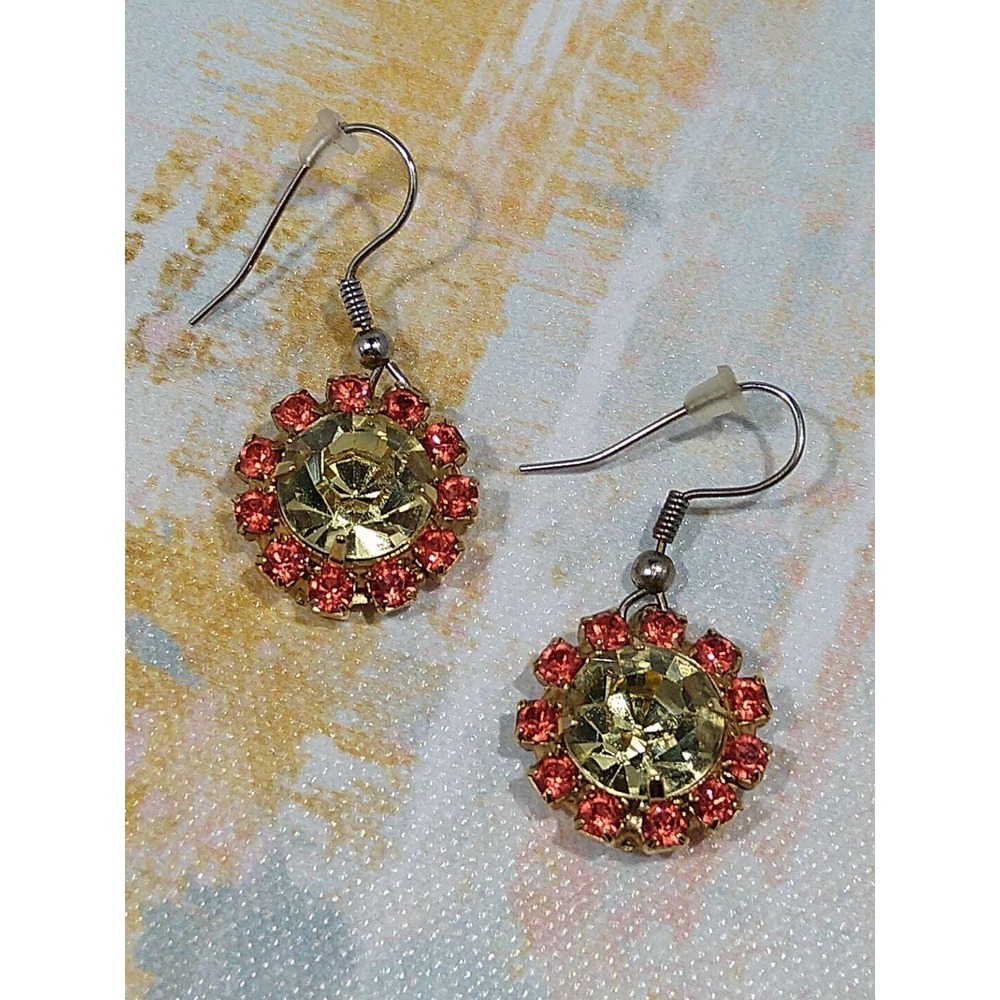 Orange Yellow Rhinestone flower Dangle statement earrings